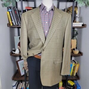 CHAPS Men's Sport‎ Coat Blazer Two Button Beige Houndstooth 100% Silk Size 46L